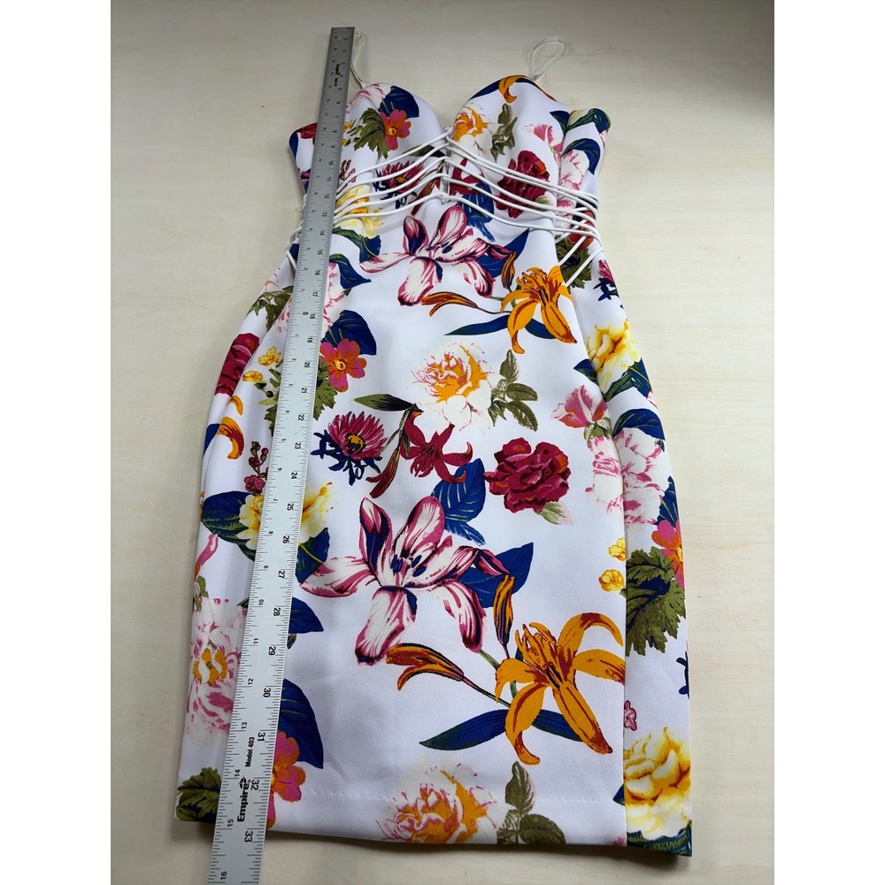 Guess Los Angeles Floral Bodycon Dress White Multi Strap Cage Waist Small - Picture 2 of 8